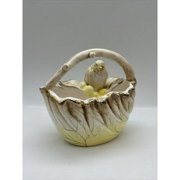Ucagco Japan  Bird/Leaf Bowl Basket with Branch Handle Tan/ Gold Ceramic planter - Picture 1 of 16